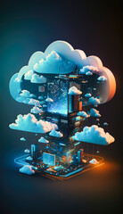 Cloud sevice visualized by a futuristic scene with future technology in a fantasy high technology universe