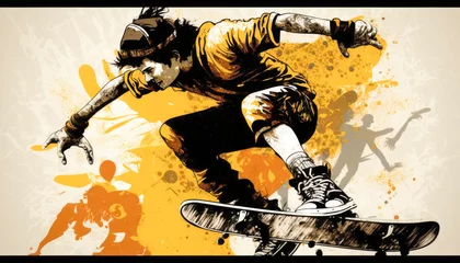 Tuinposter Street skater on a skateboard in a graffiti painting with action and paint splashes © Polarpx