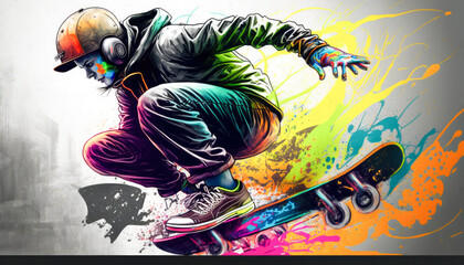 Street skater on a skateboard in a graffiti painting with action and paint splashes - 579672779