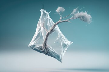 plastic bag, caught in the branches of tree, serves as haunting symbol of the pervasive reach of waste and pollution AI generation.