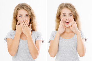 Women's rights. Before after young woman show gesture hush shh silent close mouth by hands. Blonde...