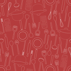 Hand drawn kitchen utensils. Flat vector doodle pot, frying pan, rolling pin, spoon, fork, knife. Seamless pattern with kitchen tools. Red and white retro style. Kitchen background.