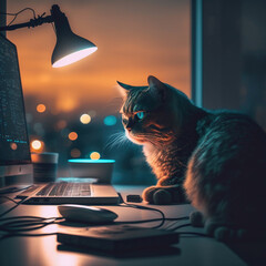 At night the cat is working in the office in front of the computer with lights on. AI