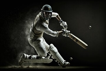 Cricketer playing cover drive in a black background. Generative AI.