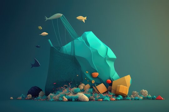 Ocean Plastics: the ocean littered with plastic debris, including bags, bottles, and fishing nets AI generation.