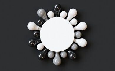 Creative layout made with black and white  Light bulb shades color isolate on dark background. Copy space paper card backdrop. 3D Render