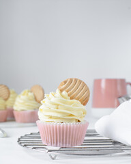 Pink cupcakes with tall american buttercream swirl and cookie garnish, cupcakes in pink liners with a tall vanilla buttercream and a cookie, birthday cupcakes on a white background