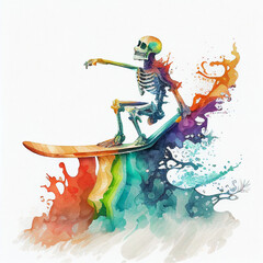 Skeleton surfing on ocean wave.