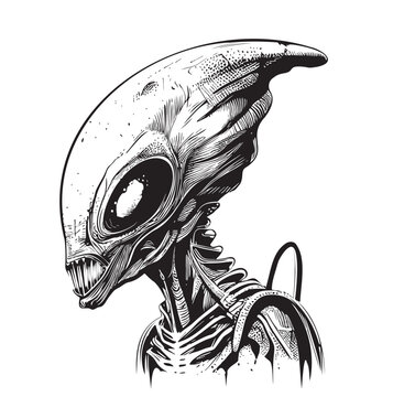 Alien Portrait Hand Drawn Sketch Illustration In Doodle Style