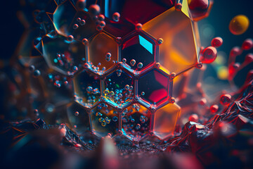 Crystal lattice of a solid, physics and chemistry. Scheme abstract visual model. Glass warm cold contrast. 