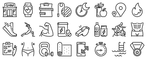 Line icons about fitness on transparent background with editable stroke.