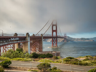 San Francisco Golden Gate Bridge at the state of California embedded in fog