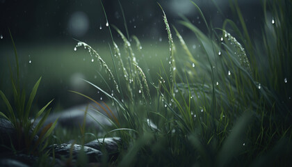 Fototapeta na wymiar Gras, Regen, Winter, Schnee, Nachts, Mond, Landschaft, Generativ AI, Generativ, KI 