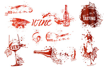Wine tasting - hand drawn line art of wine, bottles and glasses. Art for menu, shop, market or sale. Wine bottles with wine stains. Sketchy collection of grape leaves and different wine elements.