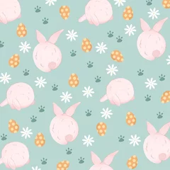 Foto auf Glas Easter pattern. Bunny, eggs, flowers art. Cartoon illustration colourful  © Nastya
