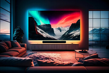 Livingroom with big tv on the wall. Generative ai design.