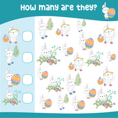 Fototapeta na wymiar Mathematics activity page with cute and kawaii rabbits and chicks. Calculate and write the result. How many worksheets. Educational printable math for children. Vector file.