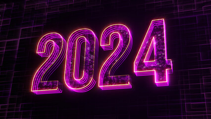Futuristic Purple Yellow Shine 3D Perspective View 2024 Number Text Lines With Square Dots Fractal Digital Technology