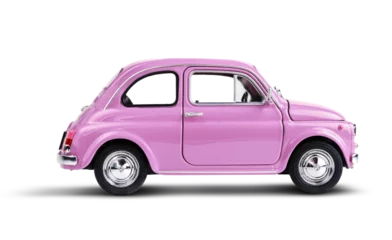 Photo sur Plexiglas Voitures anciennes Pink vintage toy car isolated on white background