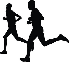two kenyan runner athlete marathon leaders run black silhouette on white background, vector illustration, summer olympic games