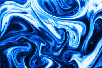 Blue and white paint pigment mix background. Abstract swirl shapes backdrop. Flow design background. Lava pattern. Black swirl texture. Artistic shape fluid flow. Magic marble backdrop.