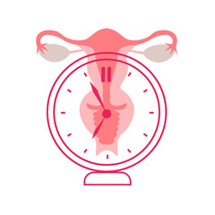 Menopause, women's health care. World Menopause Day. The concept of medicine, gynecology. Female reproductive system with a clock. Vector illustration.