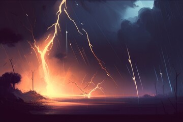 massive thunderstorm, with lightning striking the ground and rain pouring down in sheets, concept, AI generation.