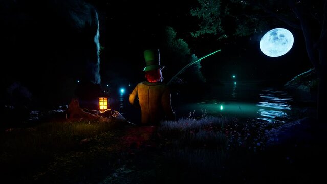Leprechaun catching magic fish in a fabulous lake against the backdrop of a full moon at night in a quiet and cozy forest. Concept: Recreation, fishing, meditation, St. Patrick's holiday.
