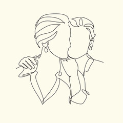 Two girls are hugging line art. Abstract portrait of a pretty young woman. Friends, sisters, or couples. Continuous one-line drawing isolated on white. Vector illustration in a simple modern style.