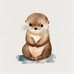 Cute baby otter character, watercolor Sea Otter Enhydra lutris with flowers on Summer landscape. Kawaii cub animal in clothing watercolour drawing. Hand drawn water creature color graphic illustration