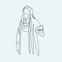 Continuous line drawing of Jesus Christ , linear style and Hand drawn Bible Christian scene of son of God with people and kids. Easter illustration