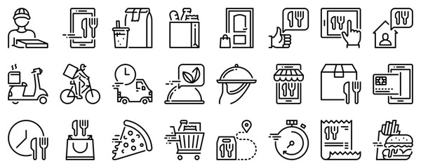 Line icons about food delivery on transparent background with editable stroke.