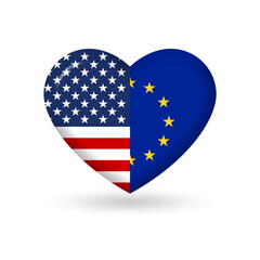 USA and EU heart flags. 3d icon. European Union and American national symbols. Vector illustration.