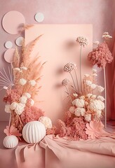 Pink studio backdrop decorated with dried flowers