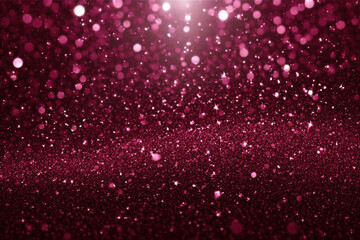 Naklejka na ściany i meble Glowing particles on dark pink background, flying glitter. AI generated