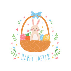 Happy Easter greeting card. Bunny or rabbit in a basket with eggs. Cute vector flat cartoon illustration.