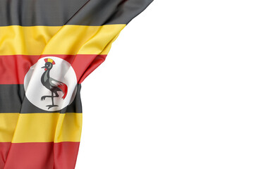 Flag of Uganda in the corner on white background. 3D rendering. Isolated