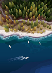 Sea, forest and boats in a autumn nature landscape from top. Vector illustration