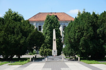 Square of Constitution of 3rd May (Plac Konstytucji 3 Maja), Obelisk. Czeladz, Poland - obrazy, fototapety, plakaty