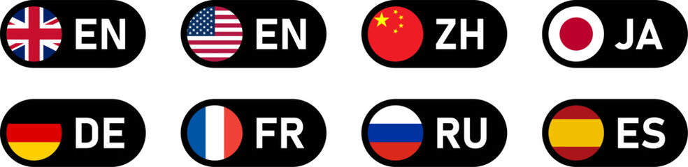 Toggle Slider Style Flag Icon Set of China Germany USA United States of America UK United Kingdom Spain France Japan and Russia Flag Button Signs with Language Codes. Vector Image.