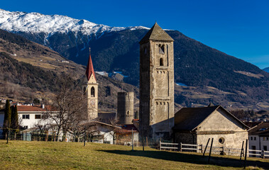 View landscape of Malles Venosta village, Trentino Alto Adige, South Tyrol, Italy