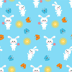Fototapeta premium Children's background. Cute white bunnies, sun, flowers and butterflies on blue. Funny animals seamless pattern. Vector cartoon flat illustration.