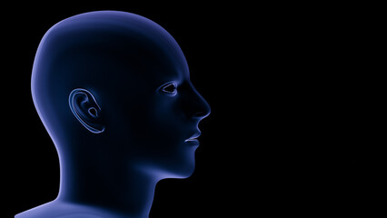 Human head (young male) glowing isolated on black. 3d illustration, rendering
