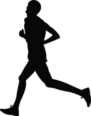 black silhouette european male runner running marathon on white background, vector illustration, summer sports games
