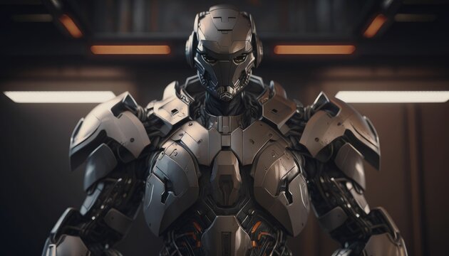 Evil robot front-facing soldier standing. Generative AI.