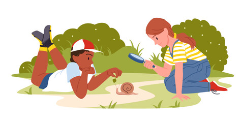 Cartoon curious boy with green leaf, girl holding magnifier to watch snail, observe world in outdoor adventure. Kids explore nature with magnifying glass in summer garden or park vector illustration