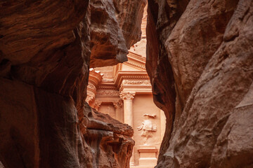 Jordan. Peter. Only road to rock city of Nabatean kingdom, to ancient city of Petra.Canyon Siq or...