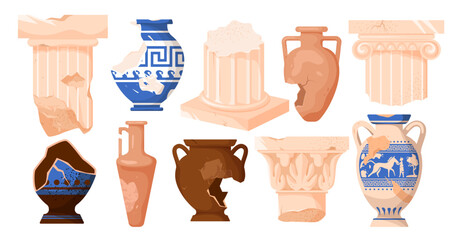 Ancient Roman and Greek columns and amphoras set vector illustration. Cartoon broken ceramic vases and clay jar for wine with old traditional pattern, classic temple pillars with carving and cracks