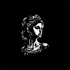 Renaissance girl statue bust dotwork tattoo with dots shading, depth illusion, tippling tattoo. Hand drawing white emblem on black background for body art, sketch monochrome logo. Vector illustration