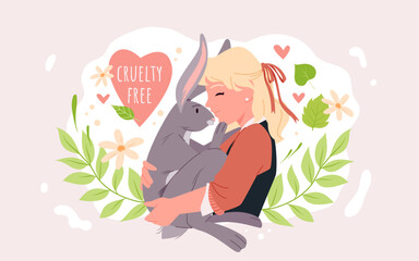 Cruelty free banner vector illustration. Cartoon cute girl hugging rabbit with love, flowers, branches with leaves, slogan cruelty free inside heart for natural products without tests over animals